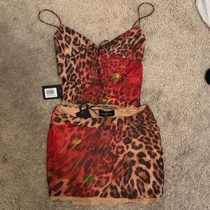 White Fox Boutique Leopard Print top and Skirt set- Red and Brown